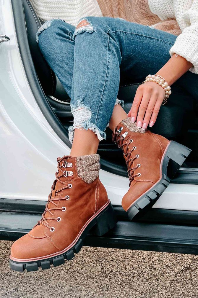 Forging New Paths Faux Suede Lace-Up Boots (Cognac) · NanaMacs