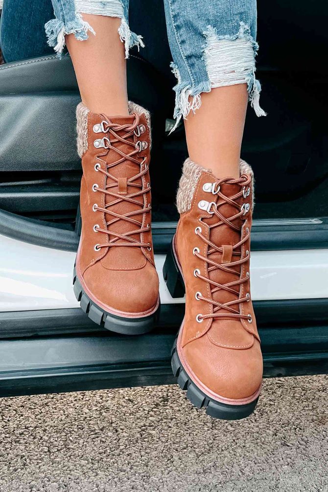 Forging New Paths Faux Suede Lace-Up Boots (Cognac) · NanaMacs - Image 2