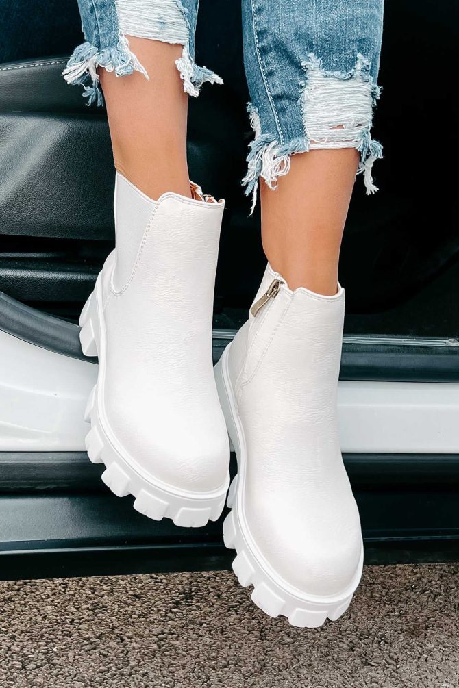 New Paths Faux Leather Chunky Sole Booties (White PU) · NanaMacs - Image 2