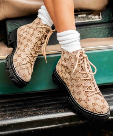 Can You Blame Me Printed Lace-Up Lug Sole Booties (Taupe) · NanaMacs
