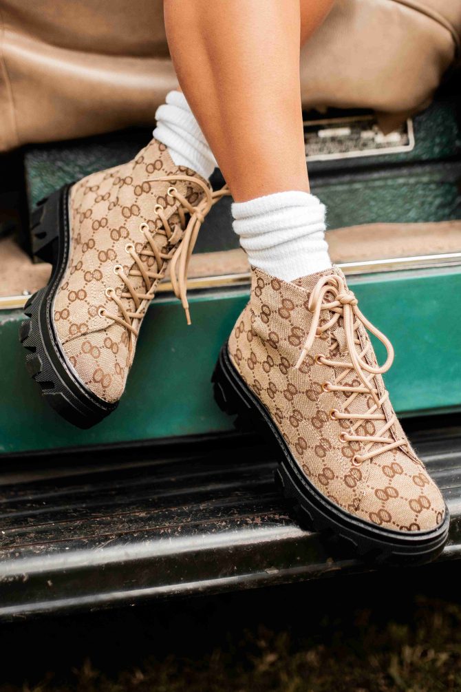 Can You Blame Me Printed Lace-Up Lug Sole Booties (Taupe) · NanaMacs