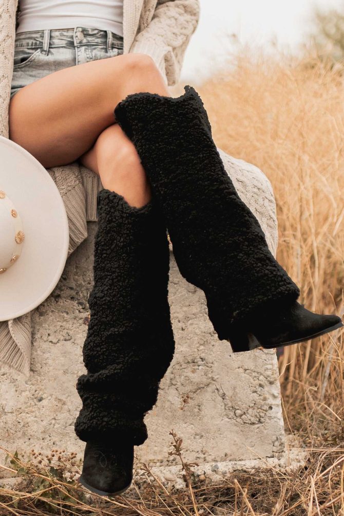 Boujee Cowgirl Slouchy Sherpa Boots (Black) · NanaMacs - Image 2