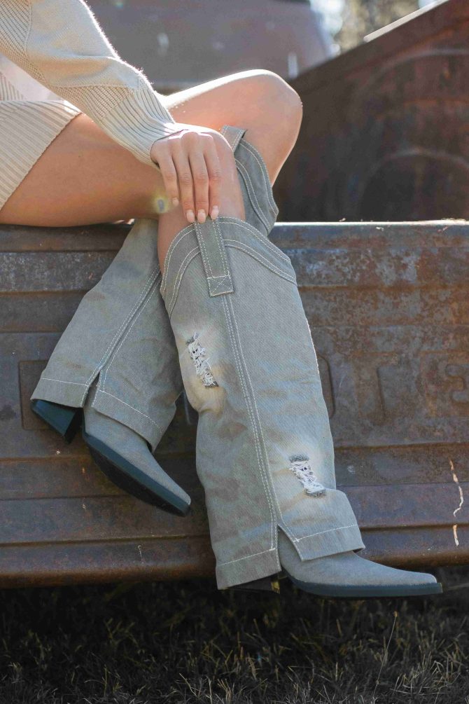 Let The Dust Settle Distressed Fold-Over Denim Boots (Grey) · NanaMacs - Image 2