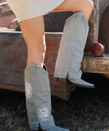 Let The Dust Settle Distressed Fold-Over Denim Boots (Grey) · NanaMacs