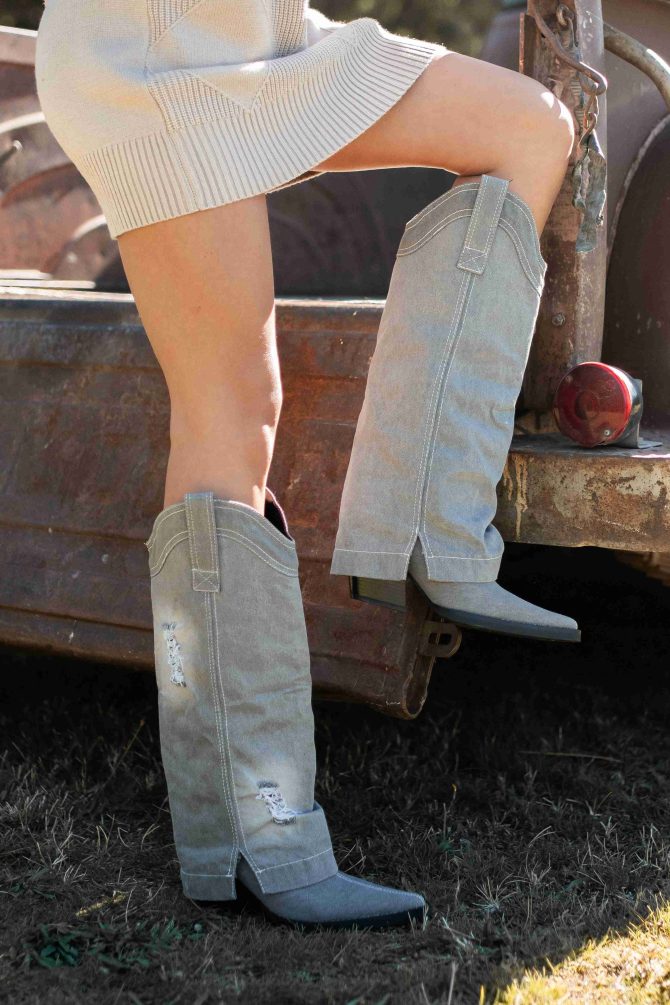 Let The Dust Settle Distressed Fold-Over Denim Boots (Grey) · NanaMacs