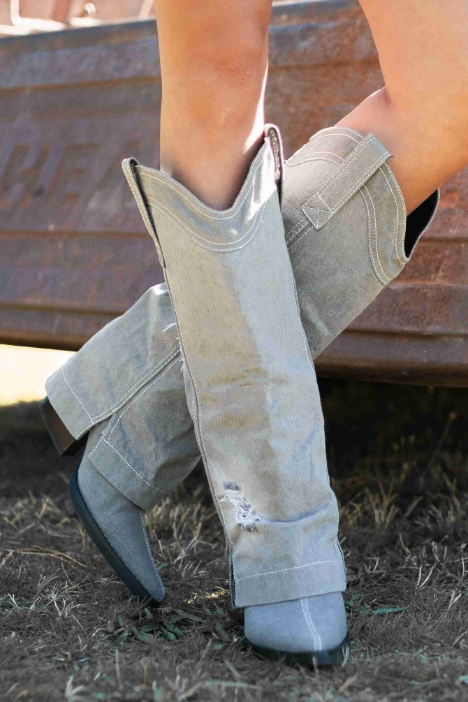 Let The Dust Settle Distressed Fold-Over Denim Boots (Grey) · NanaMacs - Image 4