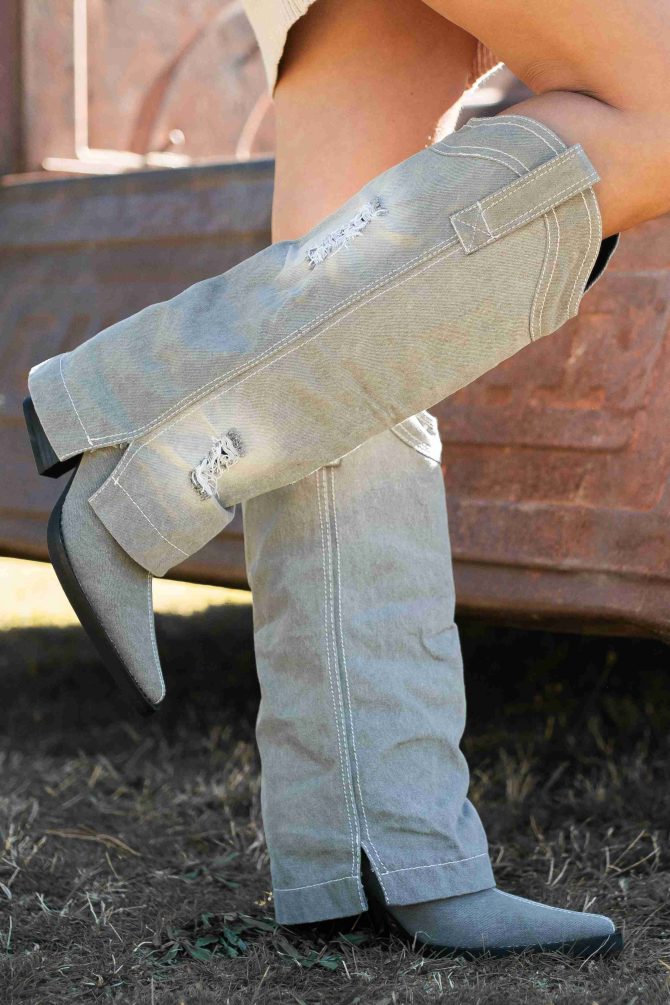 Let The Dust Settle Distressed Fold-Over Denim Boots (Grey) · NanaMacs - Image 3