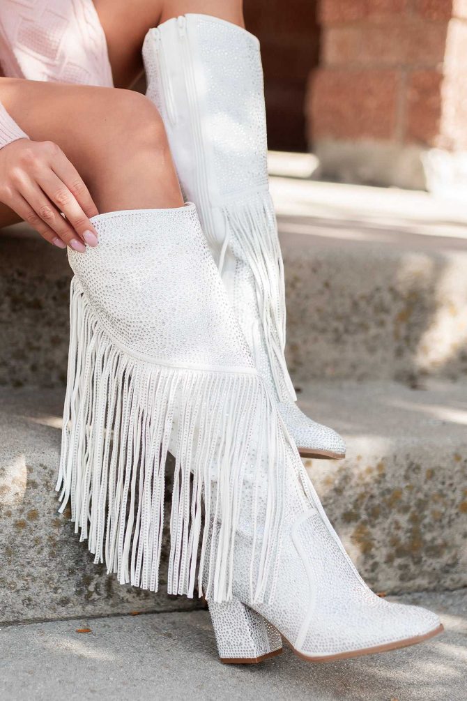 Another Chance To Sparkle Rhinestone Fringe Boots (White) · NanaMacs