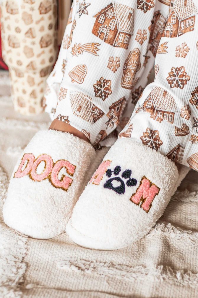 Mom To The Pups Sequined "Dog Mom" Slippers (White) · NanaMacs