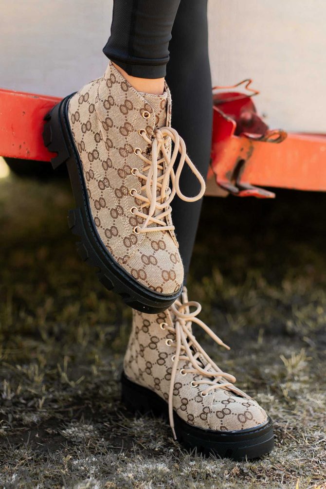 Can You Blame Me Printed Lace-Up Lug Sole Booties (Taupe) · NanaMacs - Image 2