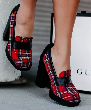 Princeton Prep Heeled Platform Loafers (Red Plaid) · NanaMacs