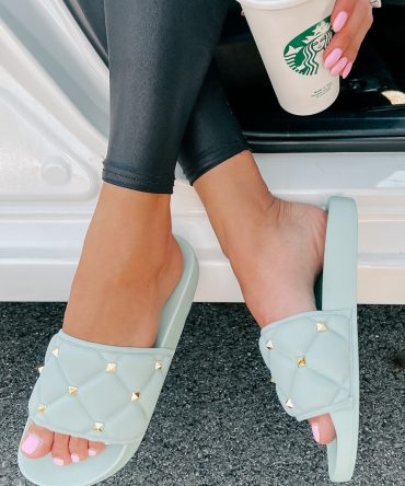 Treating Myself Quilted Studded Slides (Light Teal) · NanaMacs