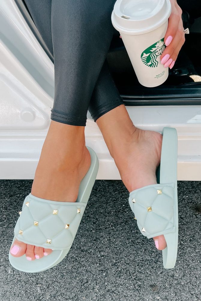 Treating Myself Quilted Studded Slides (Light Teal) · NanaMacs