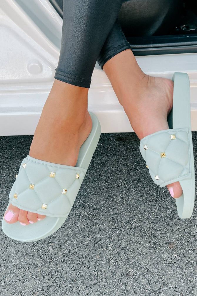 Treating Myself Quilted Studded Slides (Light Teal) · NanaMacs - Image 4