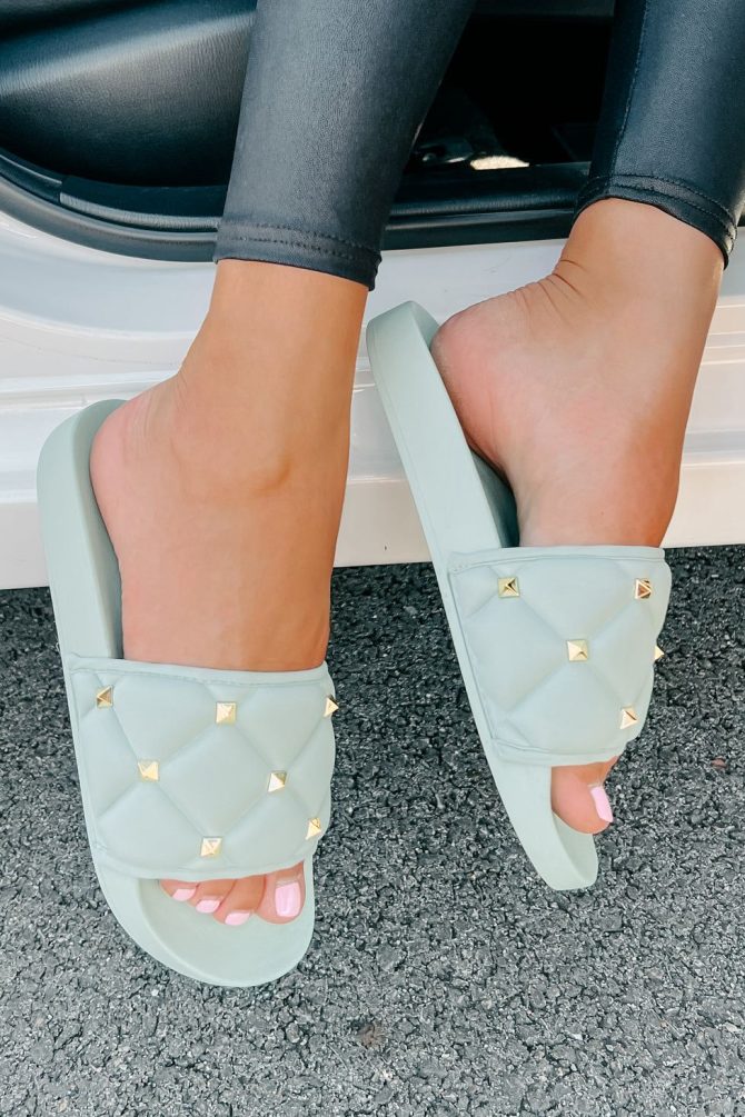 Treating Myself Quilted Studded Slides (Light Teal) · NanaMacs - Image 2