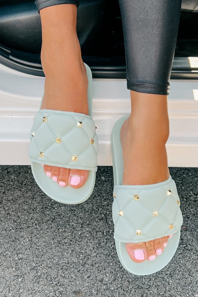 Treating Myself Quilted Studded Slides (Light Teal) · NanaMacs - Image 3