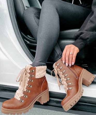 Snow Seeker Sherpa Trim Lace-Up Booties (Brown) · NanaMacs