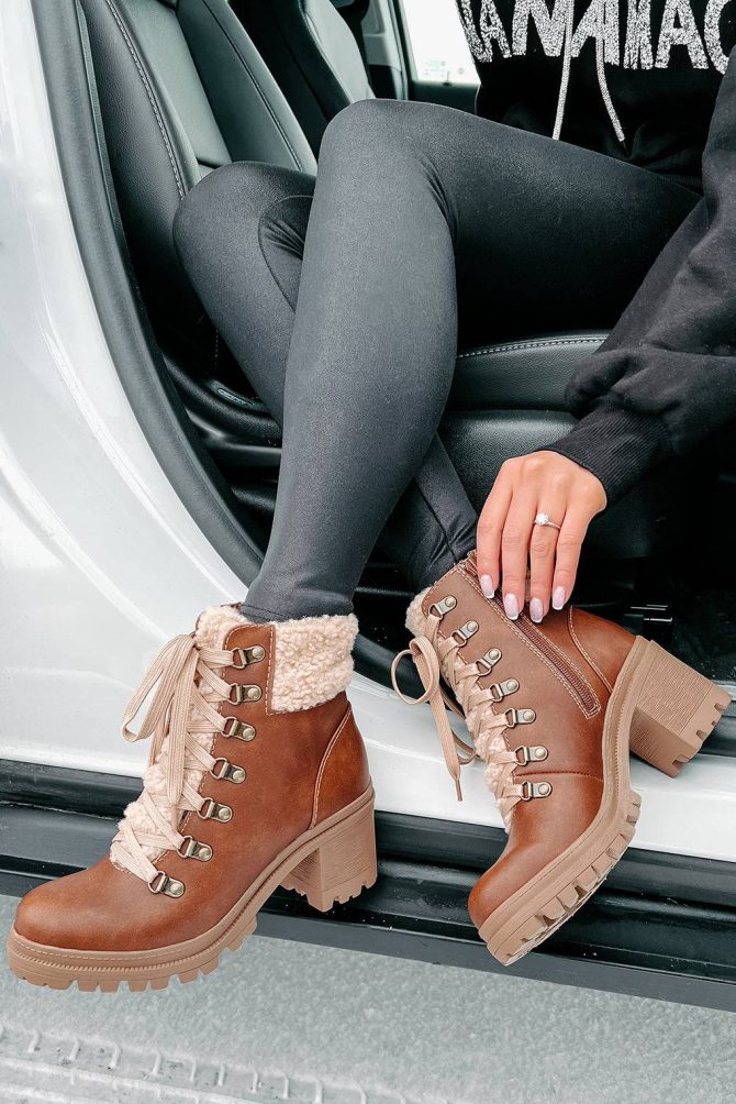 Snow Seeker Sherpa Trim Lace-Up Booties (Brown) · NanaMacs