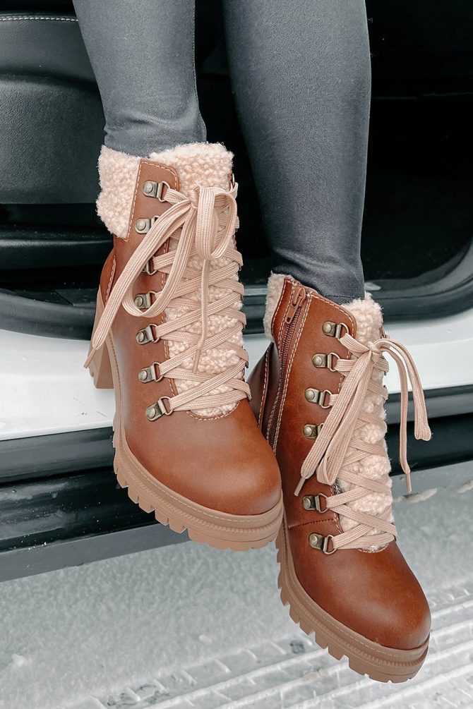 Snow Seeker Sherpa Trim Lace-Up Booties (Brown) · NanaMacs - Image 2