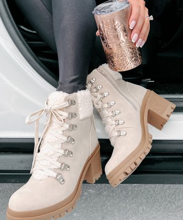 Snow Seeker Sherpa Trim Lace-Up Booties (Sand) · NanaMacs