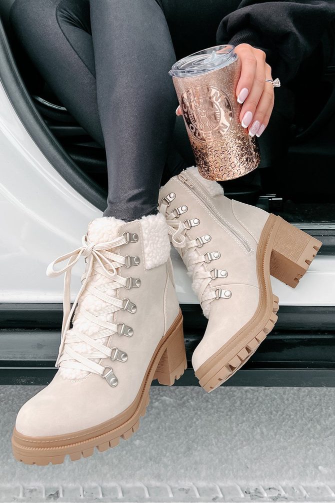 Snow Seeker Sherpa Trim Lace-Up Booties (Sand) · NanaMacs