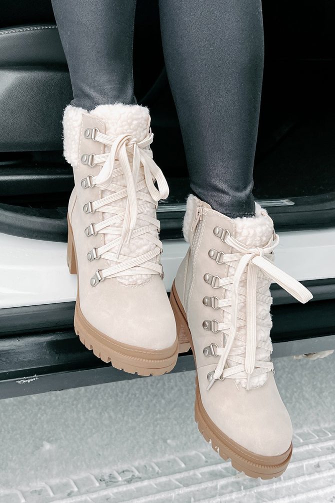 Snow Seeker Sherpa Trim Lace-Up Booties (Sand) · NanaMacs - Image 4