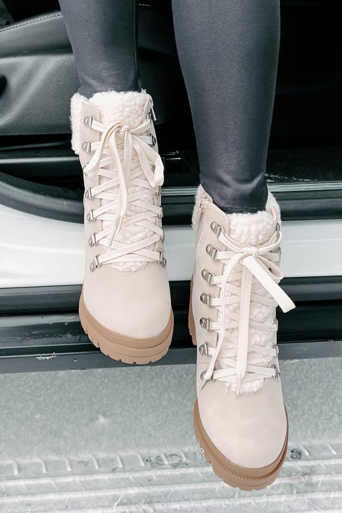 Snow Seeker Sherpa Trim Lace-Up Booties (Sand) · NanaMacs - Image 3