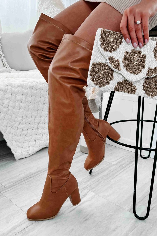 Upping My Game Faux Leather Over Knee Boots (Tan) · NanaMacs