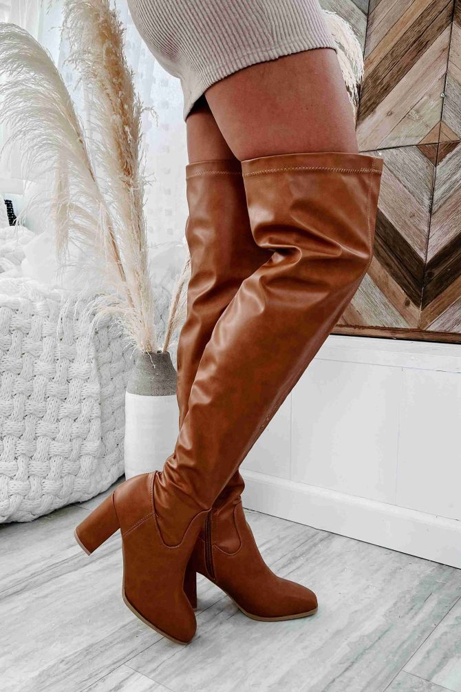Upping My Game Faux Leather Over Knee Boots (Tan) · NanaMacs - Image 4