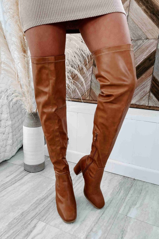 Upping My Game Faux Leather Over Knee Boots (Tan) · NanaMacs - Image 2