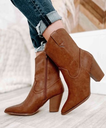 Musical Nights Faux Leather Pointed Toe Western Boots (Tan) · NanaMacs