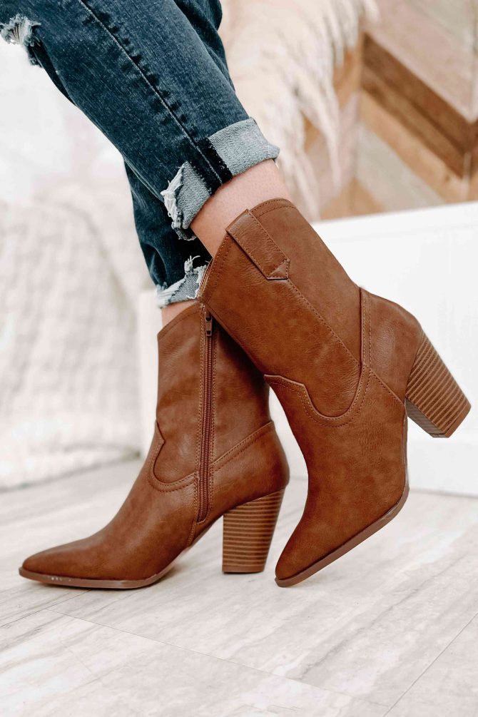 Musical Nights Faux Leather Pointed Toe Western Boots (Tan) · NanaMacs
