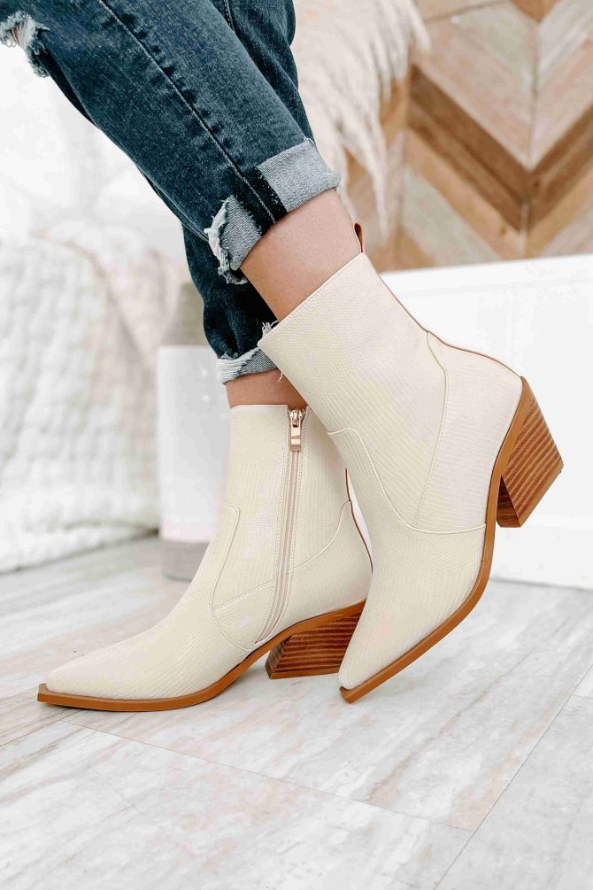 Umeko Lizard Embossed High Ankle Billini Booties (Oatmeal Lizard) · NanaMacs