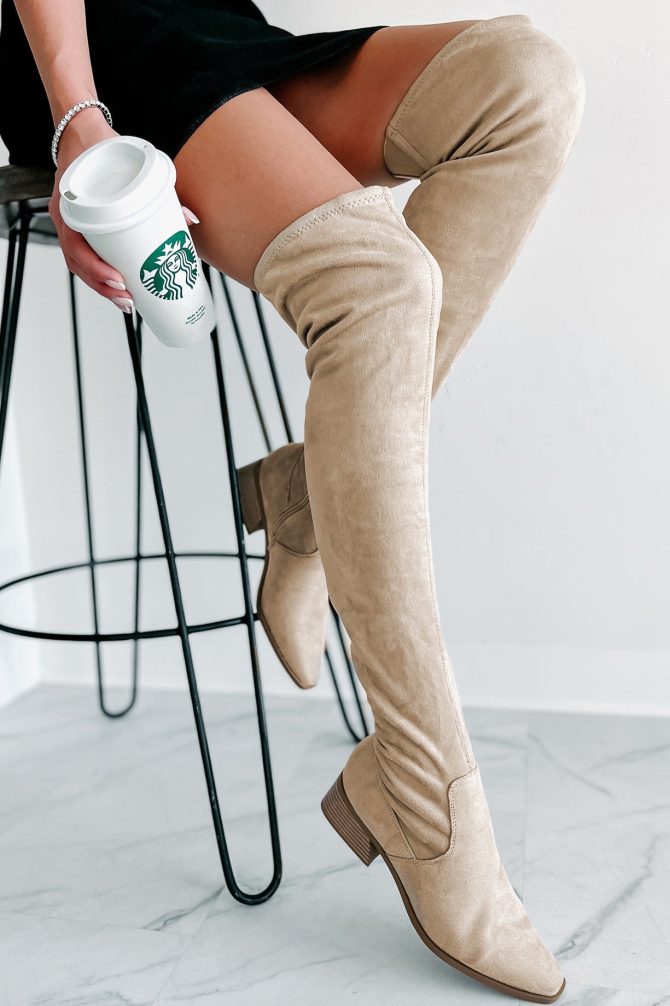 Sweetest Of Fall Faux Suede Over The Knee Boots (Taupe) · NanaMacs
