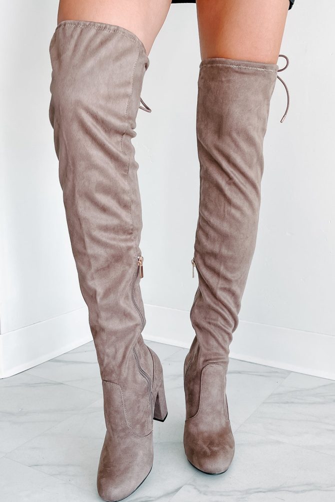 Strutting Into The Night Faux Suede Thigh High Boots (Taupe) · NanaMacs - Image 2