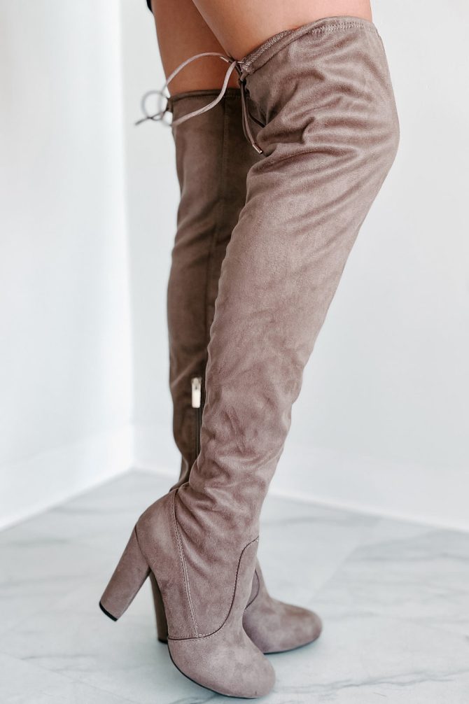 Strutting Into The Night Faux Suede Thigh High Boots (Taupe) · NanaMacs - Image 4