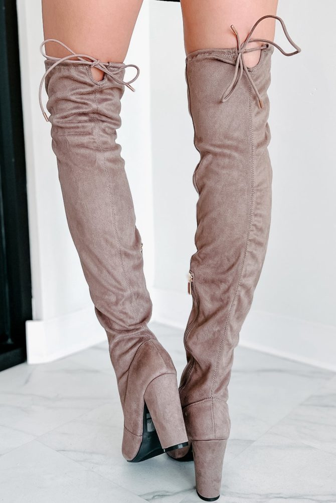 Strutting Into The Night Faux Suede Thigh High Boots (Taupe) · NanaMacs - Image 3