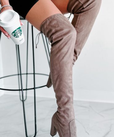 Strutting Into The Night Faux Suede Thigh High Boots (Taupe) · NanaMacs