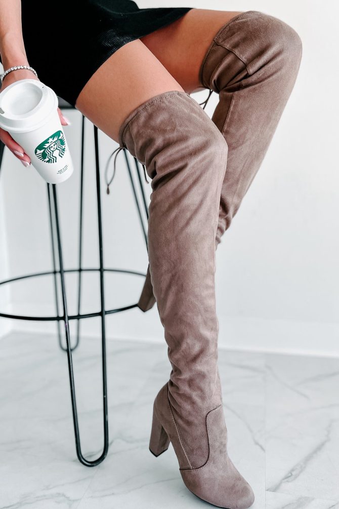 Strutting Into The Night Faux Suede Thigh High Boots (Taupe) · NanaMacs