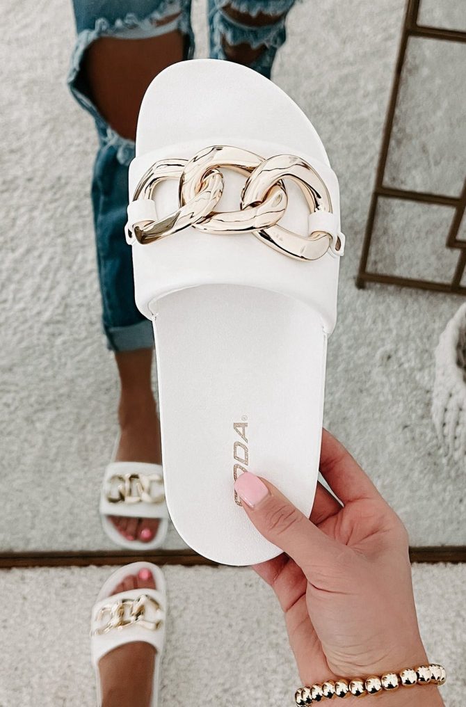 Boujee Attitude Slide Sandals With Chain Detail (White) · NanaMacs