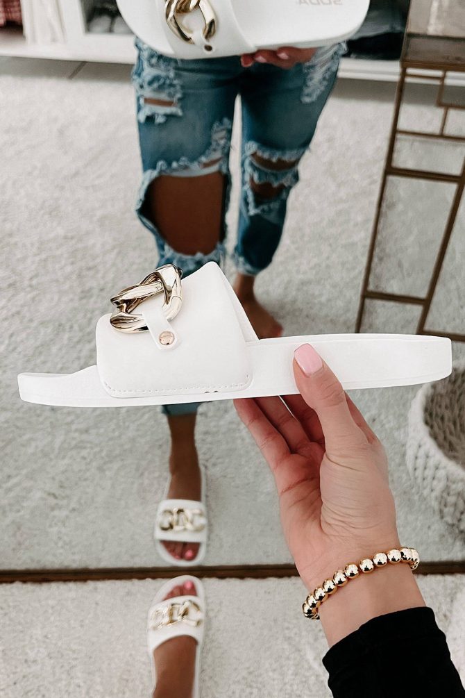 Boujee Attitude Slide Sandals With Chain Detail (White) · NanaMacs - Image 3