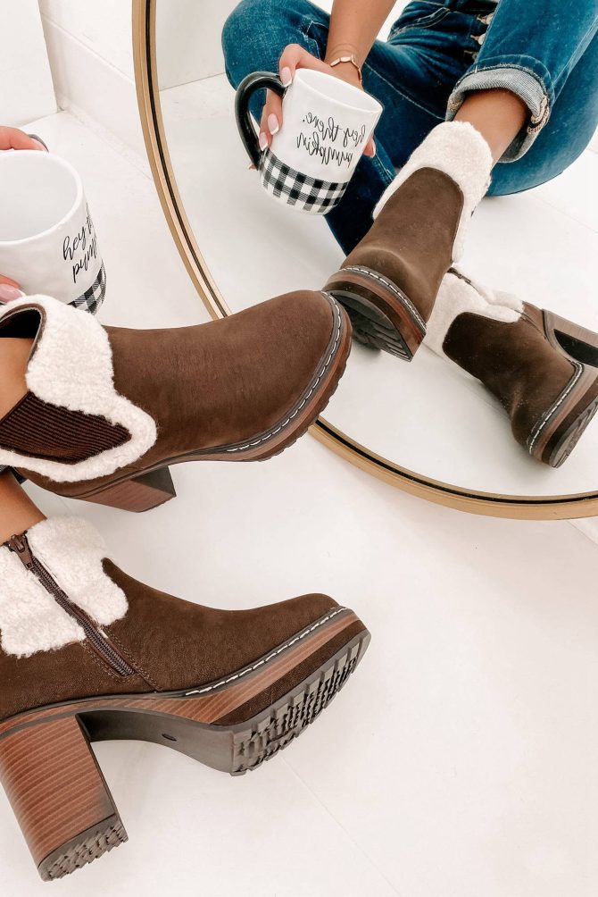 Stay In Step Sherpa Cuff Platform Booties (Brown) · NanaMacs