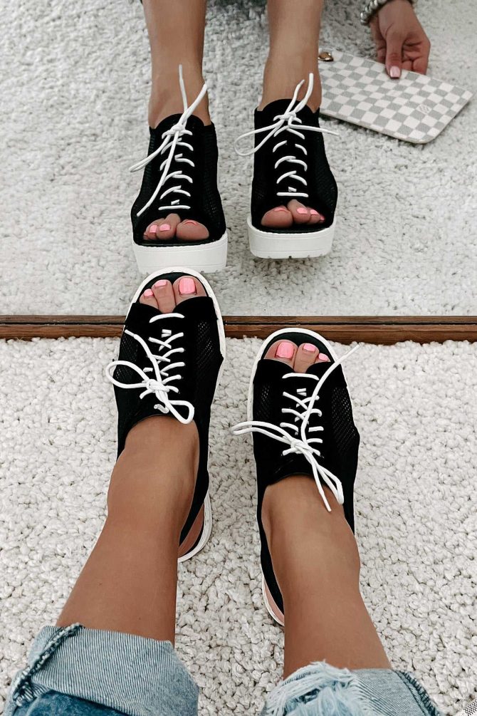 New Kid In Town Lace-Up Mesh Platform Sandals (Black) · NanaMacs - Image 3