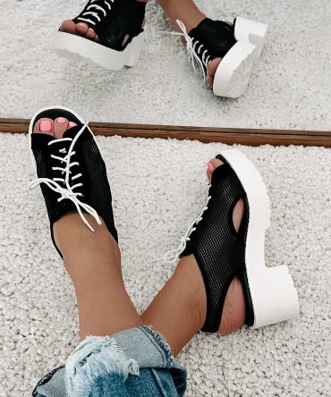 New Kid In Town Lace-Up Mesh Platform Sandals (Black) · NanaMacs