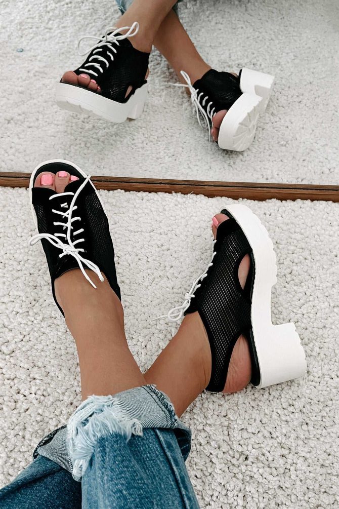 New Kid In Town Lace-Up Mesh Platform Sandals (Black) · NanaMacs