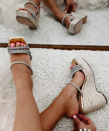 Summer Glow-Up Rhinestone Strap Braided Wedge Sandals (Gold Metallic) · NanaMacs