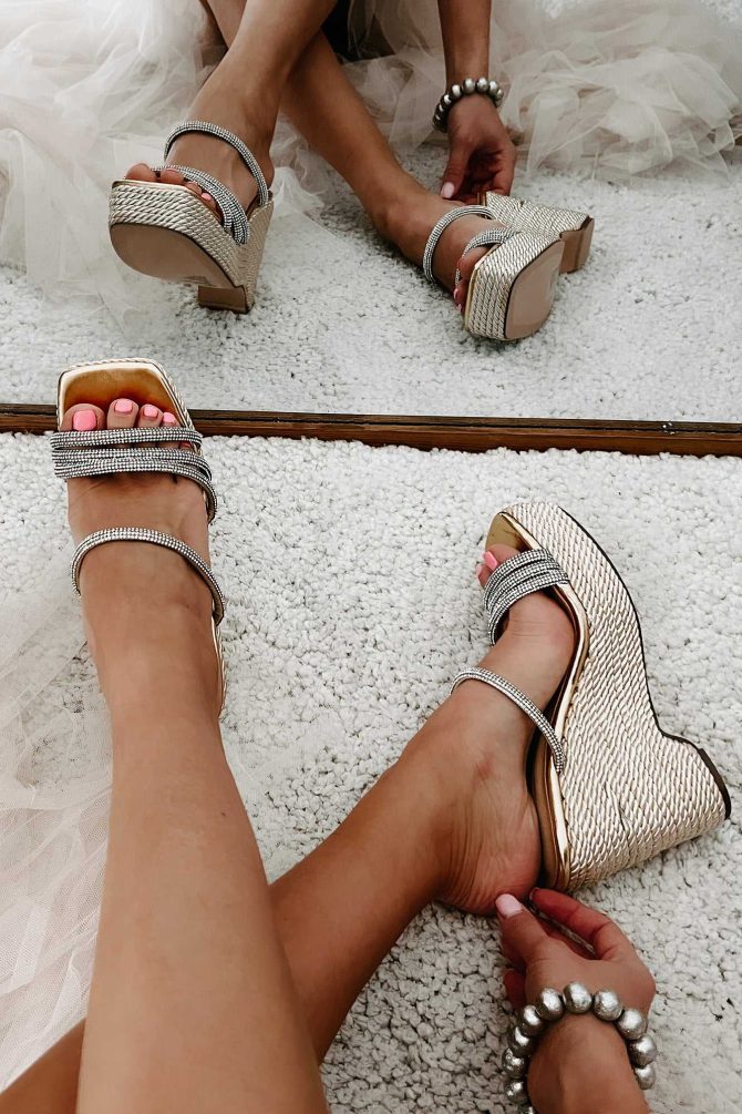 Summer Glow-Up Rhinestone Strap Braided Wedge Sandals (Gold Metallic) · NanaMacs