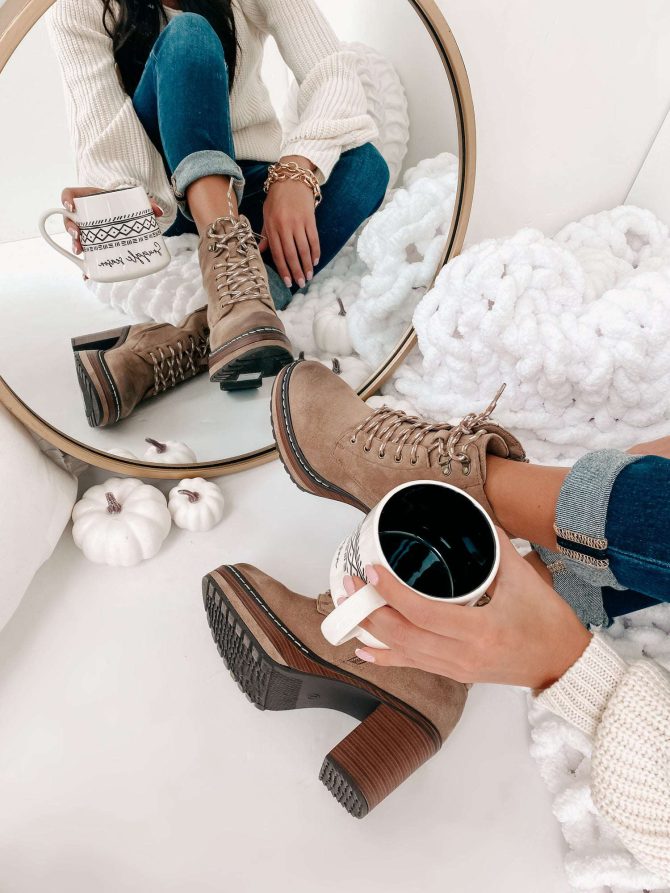 Get Used To It Faux Suede Lace-Up Platform Booties (Taupe) · NanaMacs - Image 3