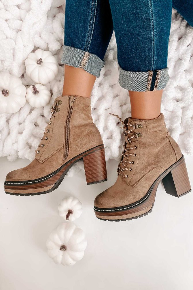 Get Used To It Faux Suede Lace-Up Platform Booties (Taupe) · NanaMacs - Image 2