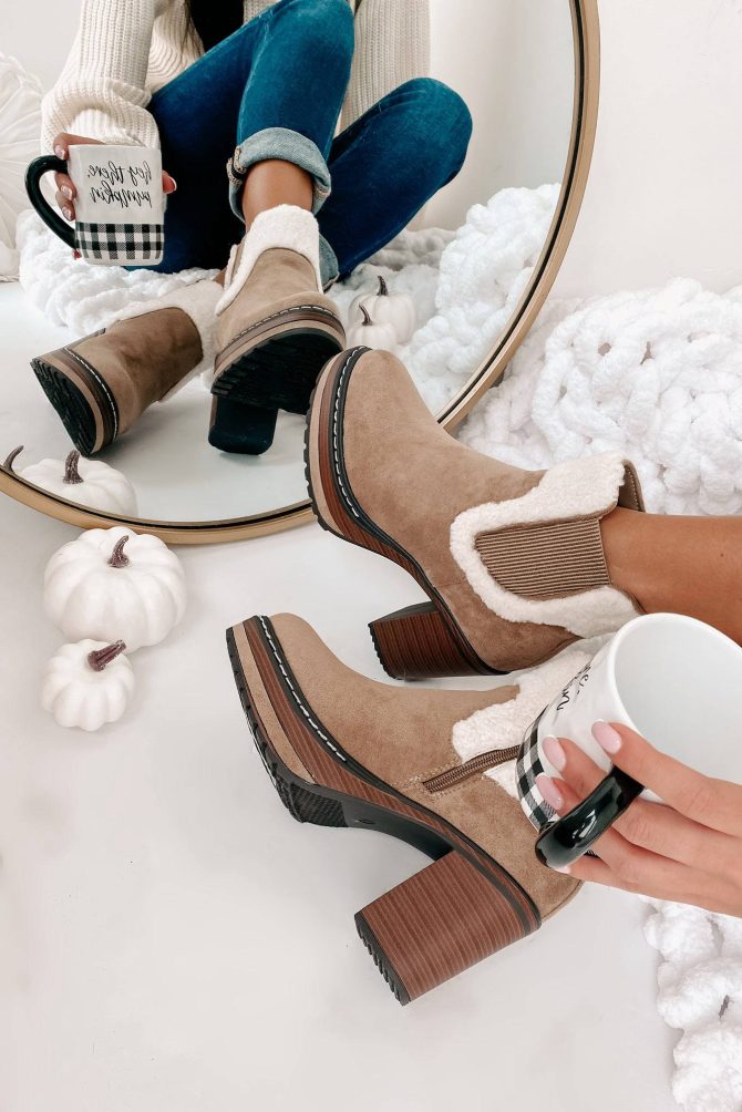Stay In Step Sherpa Cuff Platform Booties (Taupe) · NanaMacs